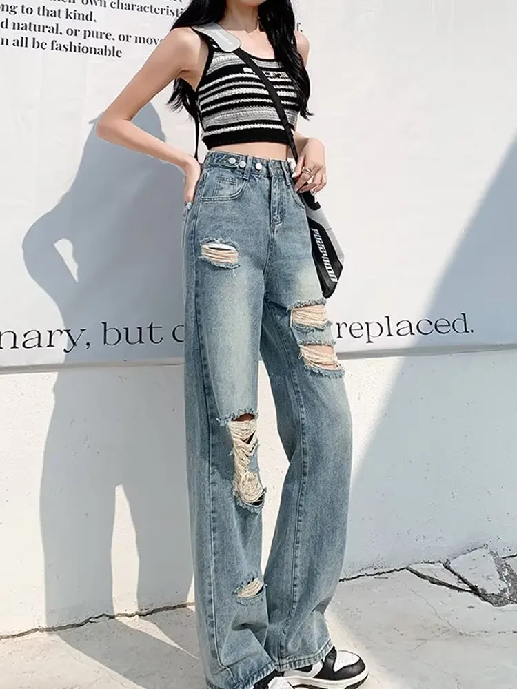 Ripped Torn Wide Flared Y2k Baggy Jeans Woman High Waisted Jeans Ladies Women's Denim Pants Shoujo Girl Style Coquette Jean Pant