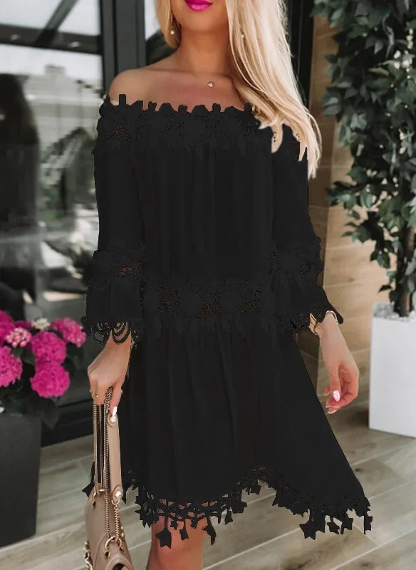 Women's Autumn White Tube Top One Shoulder Dress Women's Hollow Floral Lace Loose Fashion Casual Ladies Clothing