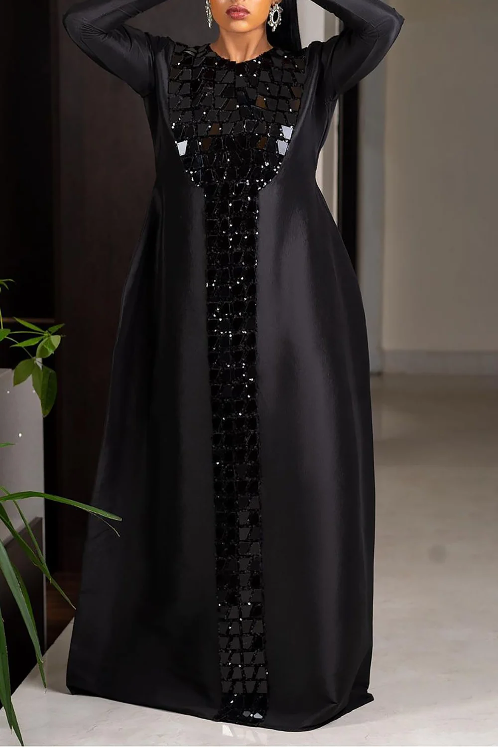 

Plus Size Semi Formal Dress Black Satin Sequin Long Sleeve Maxi Dress for Women