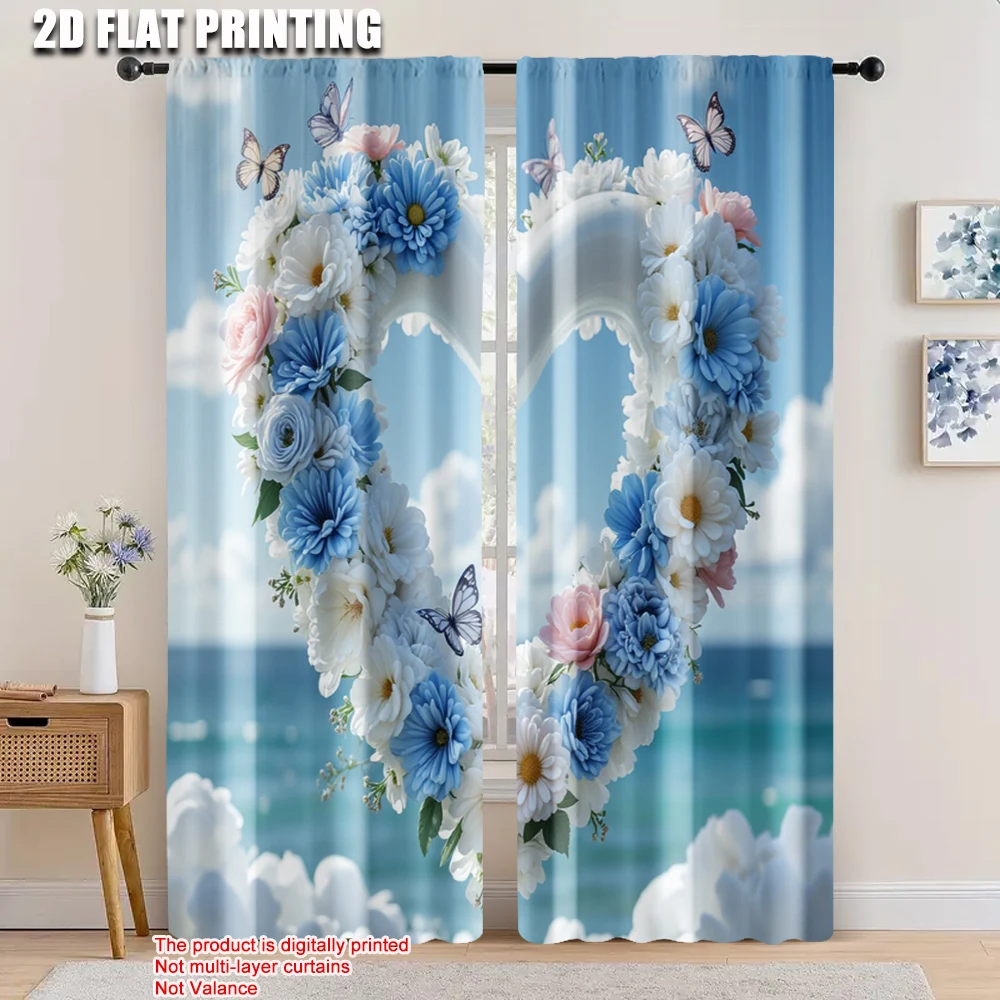 

2pcs, 2D flat printing Party Curtains Heart shaped beach Machine Washable Polyester,Without Electricity Party Decorations