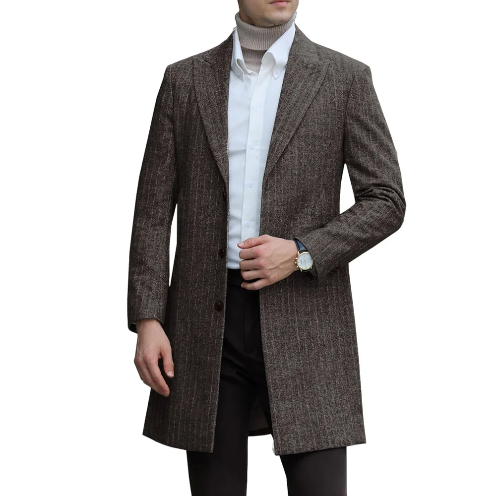 Man Overcoat Autumn Winter Striped Long Sleeve Mid Length Men Jacket Turn Down Collar Single-breasted Business Male Outerwear