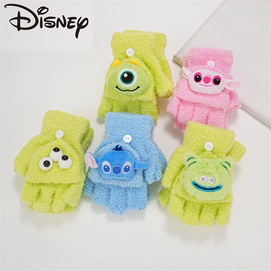 2024 New Disney Stitch Gloves Autumn and Winter Warm Anime Coral Velvet Warm Outdoor Children's Five-Finger Gloves Mike Wazowski