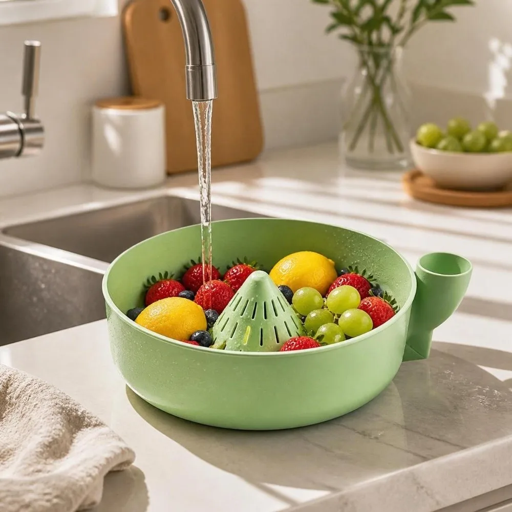 Rotating Berry Swirl Washing Bowl Self Rinsing with Drain Holes Berry Rinse Basin Easy Clean Large Capacity