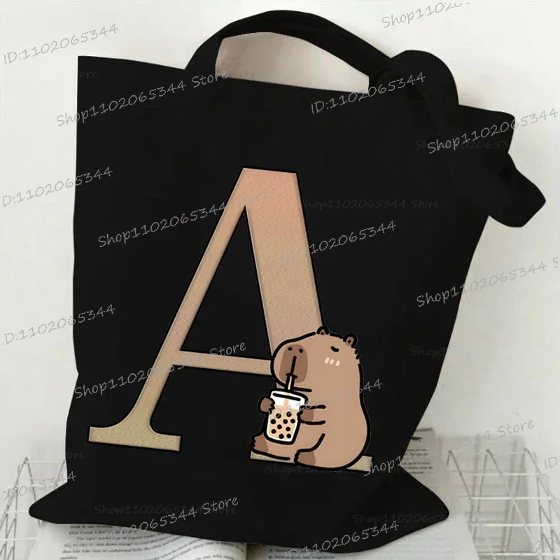 Funny Comic Capybara Alphabet A-Z Canvas Tote Bag Women Cartoon Animal Shopping Bags Student Capybara Shoulder Bag Lady Handbag