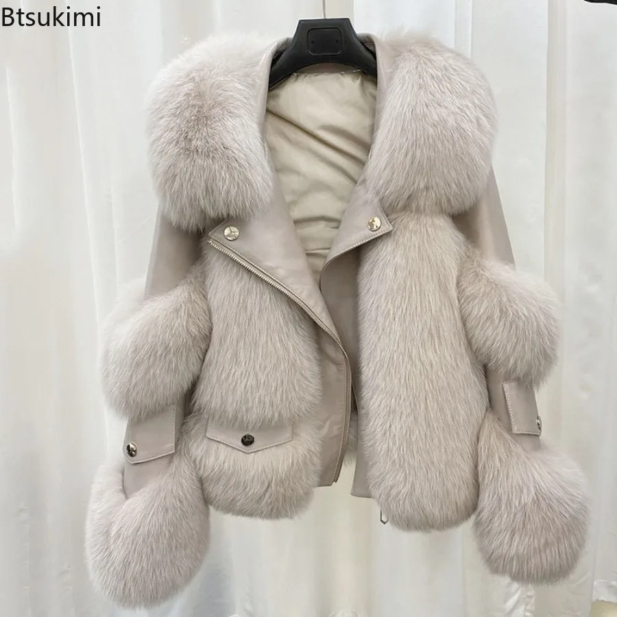 Women Biker Style Faux Fox Fur Short Jacket Zipper Lapel Collar Long Sleeve Hairy Plush Warm Coat Ladies Winter Street Outerwear