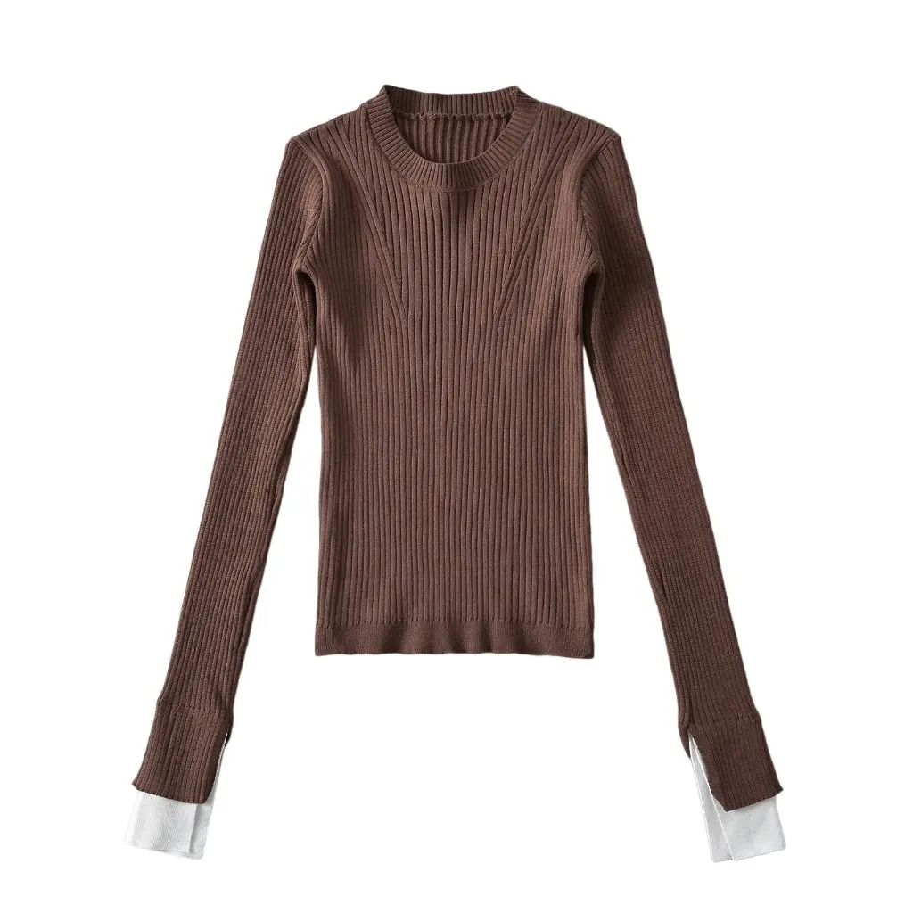 

Женский вязаный свитер с длинными рукавами и круглым вырезом, облегающий топ контрастного цвета с манжетами и строчкой на весну и осень