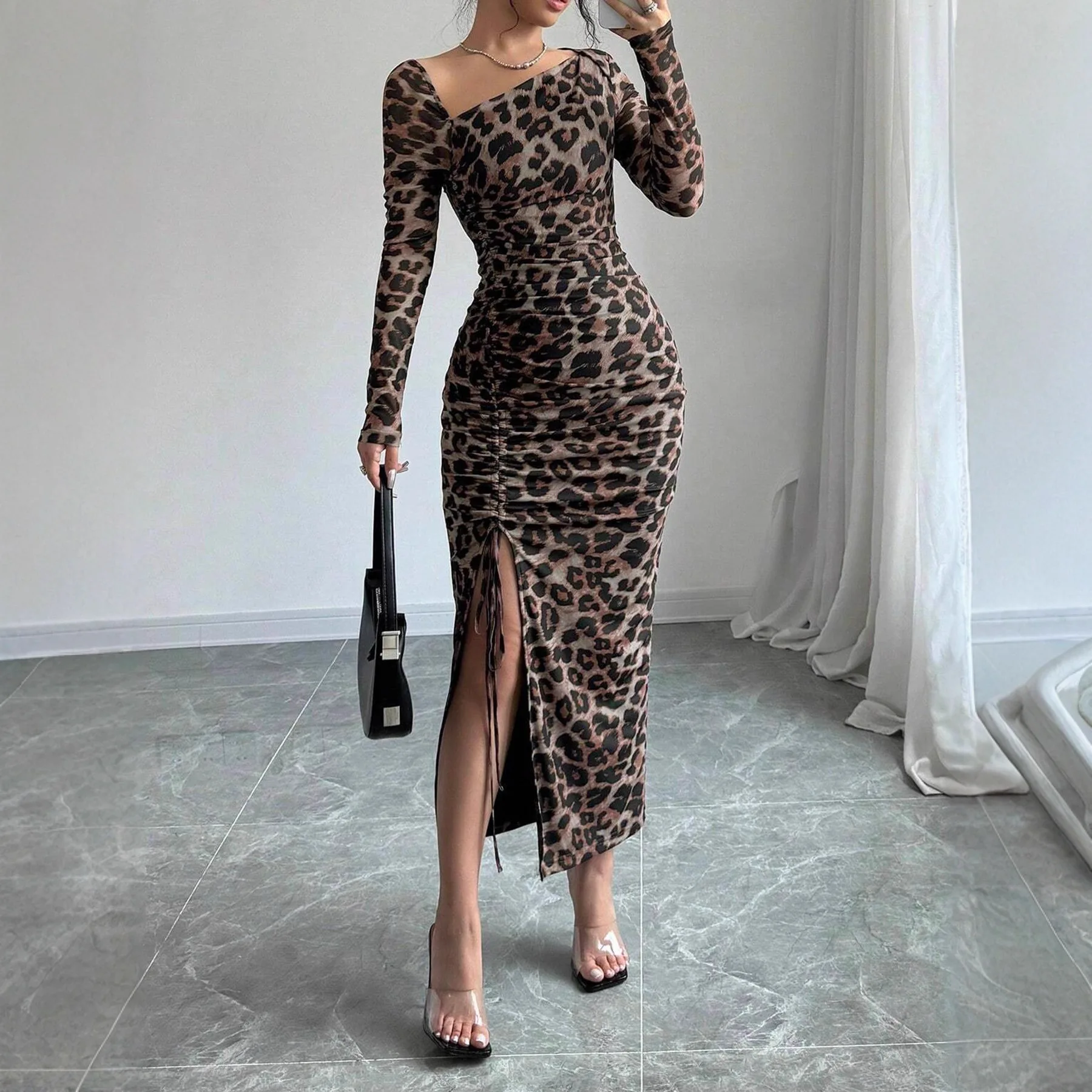 Autumn And Winter Women's New Fashion Leopard Print Long Sleeve Sexy Split Drawstring Slimming Casual Slant Neck Long Dress