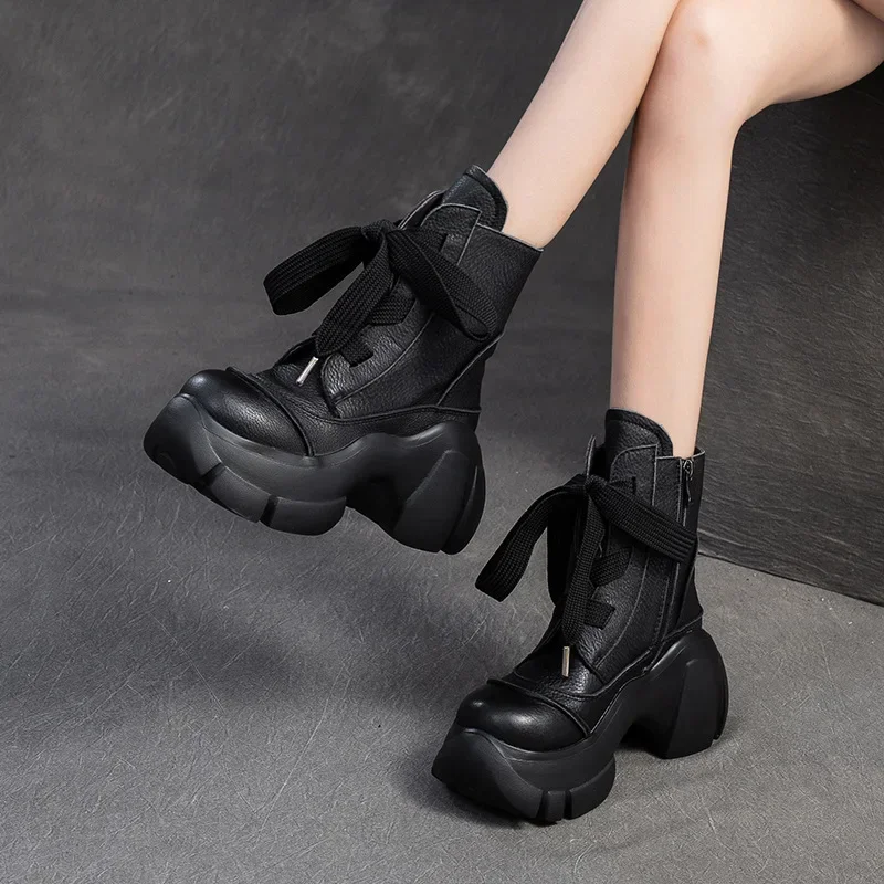 Koznoy 7cm naturalna krowa prawdziwej skóry motocyklowe mokasyny wiosenne buty kominowe damskie damskie modne botki jesienne buty