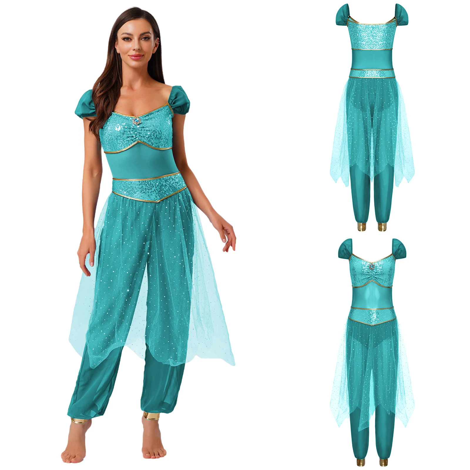 

Womens Arabian Princess Belly Dance Rompers Halloween Cosplay Costume Indian Gem Decor Sequined Tulle Overlay Jasmines Jumpsuit
