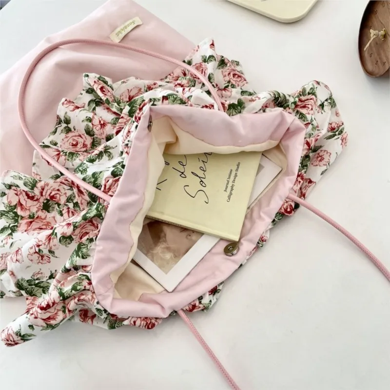 Harajuku زهرة كشكش تقليم الوردي حقائب كتف المرأة الحلو لطيف شيك Y2k حقيبة يد الإناث تنوعا سعة كبيرة حمل حقيبة 2025