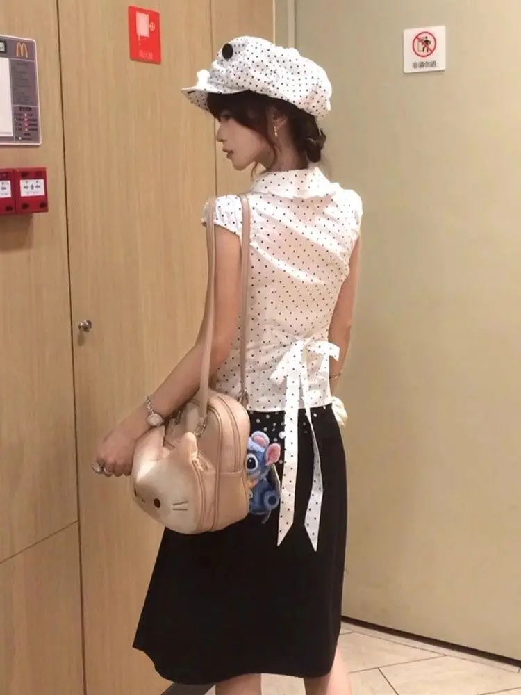 

Onalippa корейский кукольный воротник в горошек с короткими рукавами женская летняя кружевная рубашка с рукавами-крылышками Slim Fit утягивающий топ в студенческом стиле