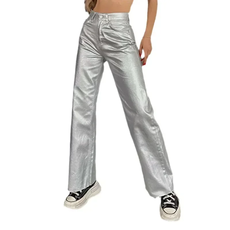 Women's New Fashion Silver High Waist Strap Pants Vintage Pockets Elegant Commuting Casual Loose Fit Women's Shiny Pants Y2K