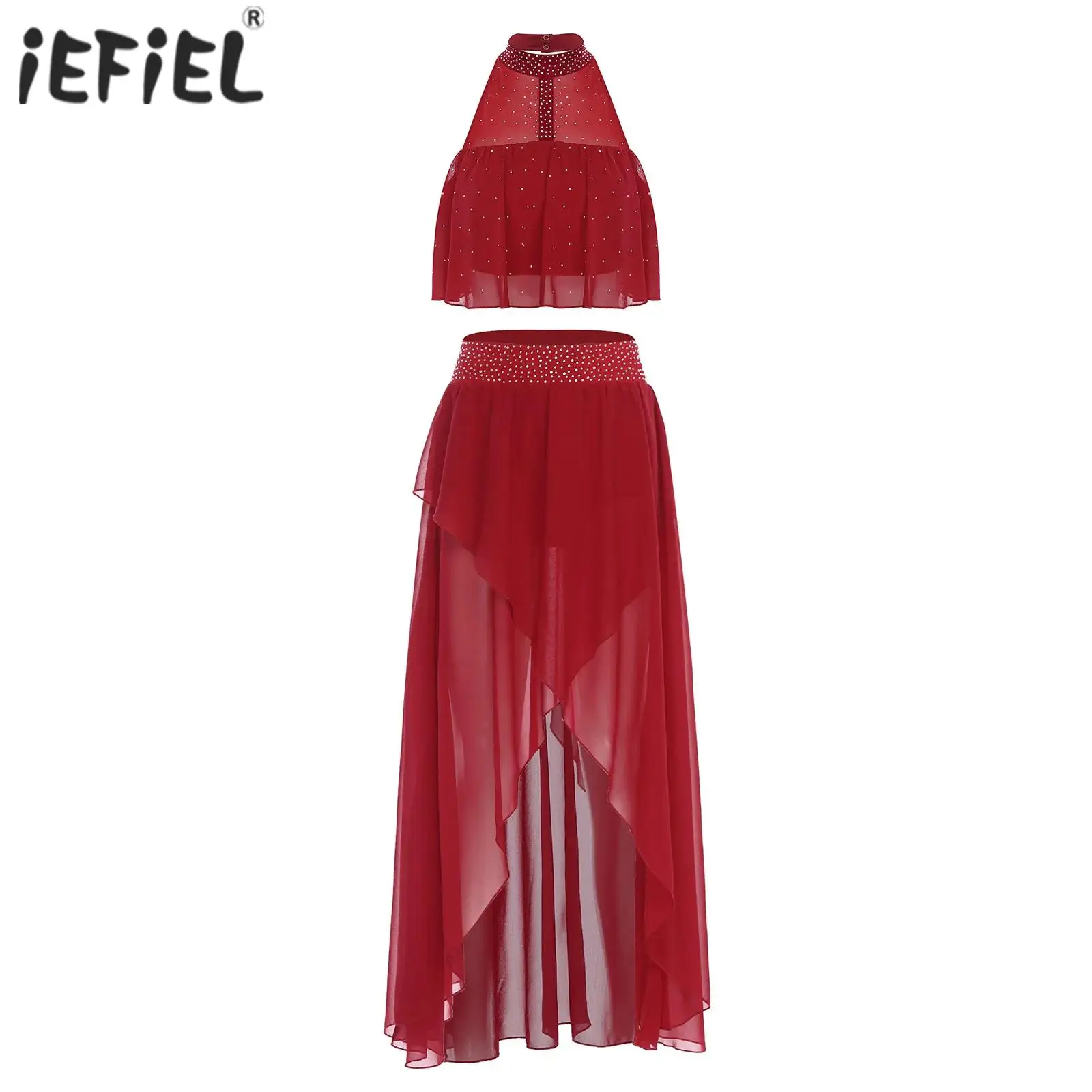 Set lirico da balletto da donna Abbigliamento da ballo moderno e contemporaneo Canotte con strass senza schienale e gonna asimmetrica in chiffon