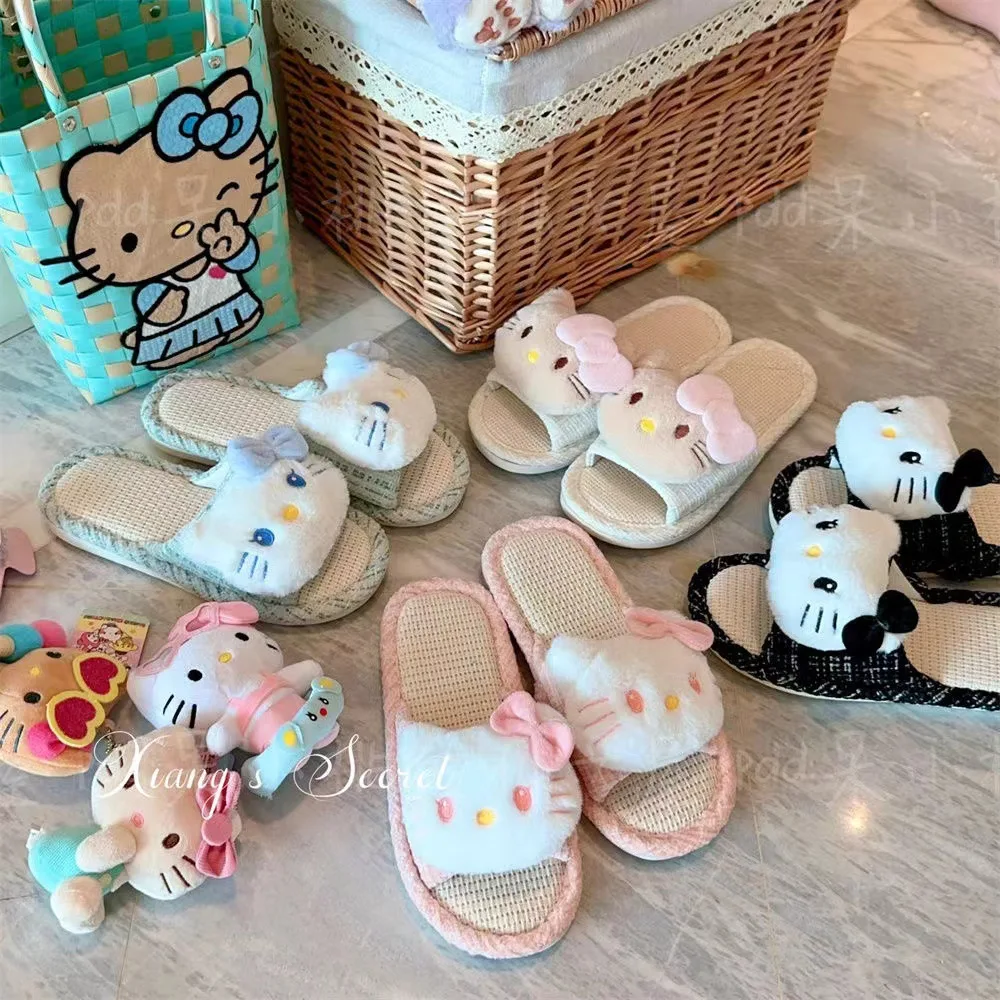 

Ins New Sanrio Hello Kitty Non-Slip Outer Linen Slippers Kitty Women's Home Comfort and Versatile Casual Slippers Gift Toys