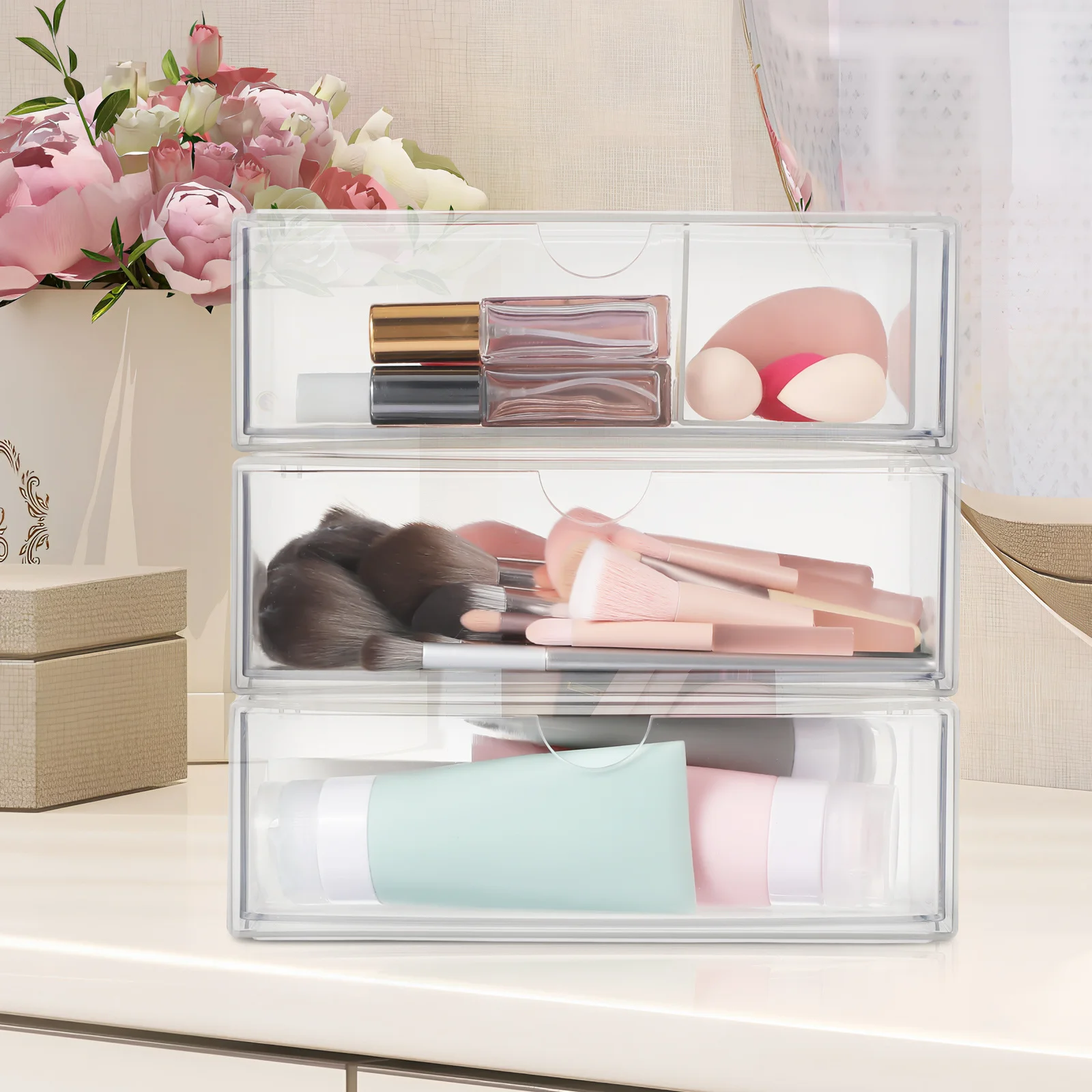 

3Pcs Clear Makeup Organizer Vanity Storage Box Lipstick Holder Desktop Cosmetics Cotton Pad Container Lidded Storage Bin