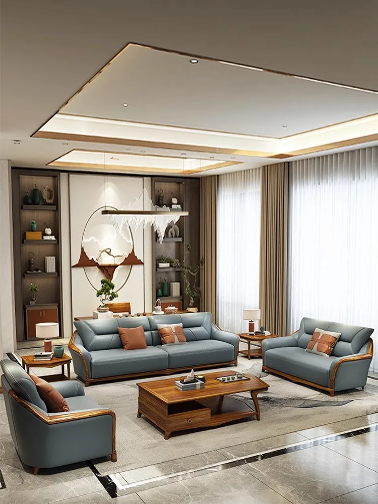 

Новый китайский кожаный диван из черного дерева, сочетание всех размеров из цельного дерева, квартира, роскошная гостиная, светлая роскошная мебель для виллы