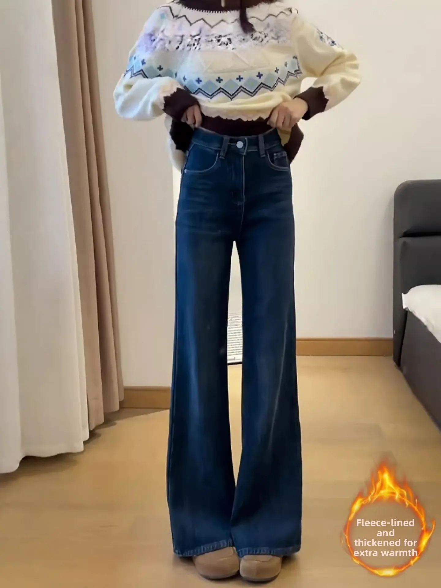 

Deep Blue Fleece Lined Thickened Wide Leg Jeans Women Loose Slimming Large Size Non Fitting Cuffed Denim Pants Vintage Style