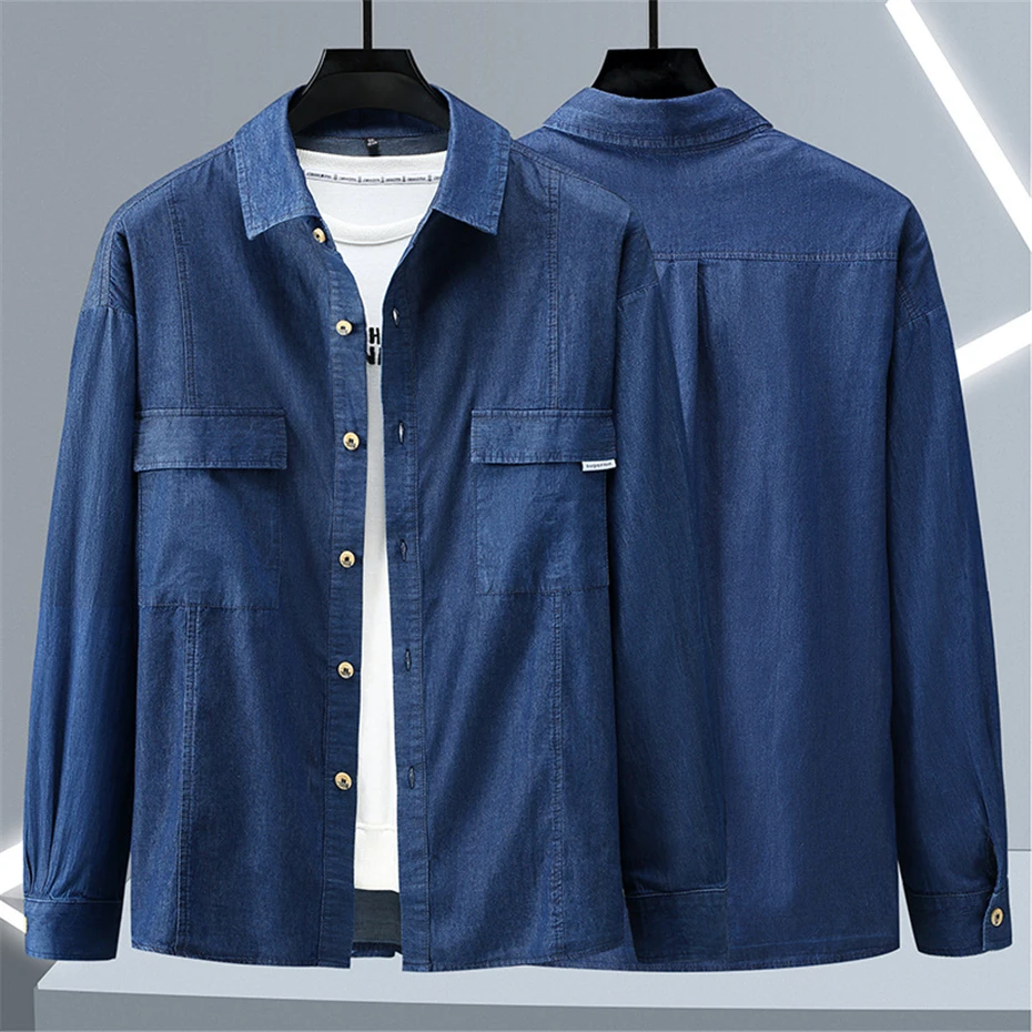 Denim Shirts Men Plus Size 10XL Long Sleeve Shirts Spring Autumn Blue Denim Shirt Male Big Size Blouse Fashion Casual