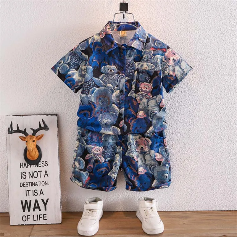 2pc/Lovely Bear Print Clothing Boy Summer Printed Clothes T-shirt+Cute Bear print shorts for boys casual sets