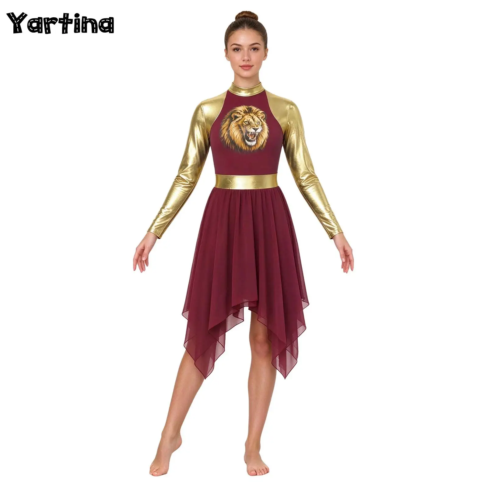 Women Liturgical Praise Lyrical Contemporary Dance Costume Metallic Long Sleeve Back Zipper Lion Printed Irregular Hem Dress