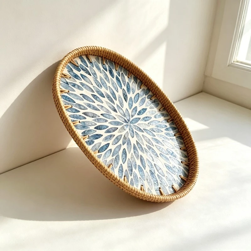 Nordic Green Plant Seashell Rattan Tray Natural Colorful Seashells Storage Tray Creative Oval Fruit Platter Decorative Ornaments