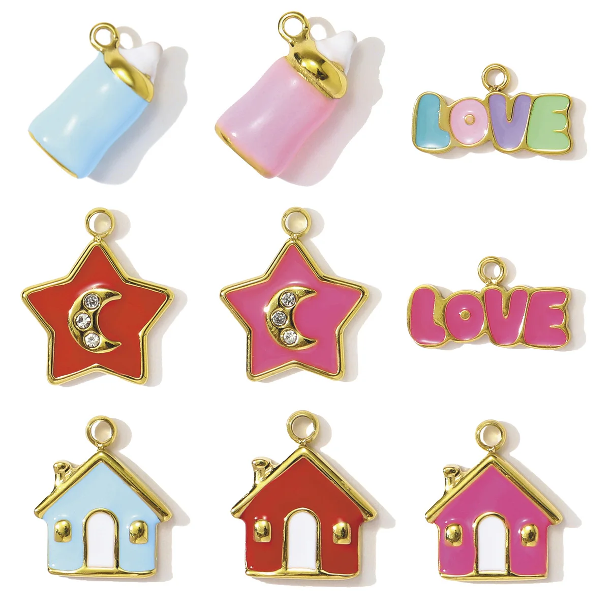 3Pcs/Lot Stainless Steel Colorful House Star Love Charms Enamel Pendants For DIY Making Earring Necklace Accessory Wholesale