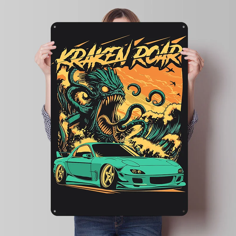 Kraken Roar Graphic Car Poster Customized Vintage Metal Signs Wall Art Retro Tin Plaque for Mancave Living Room Decoration Cozy