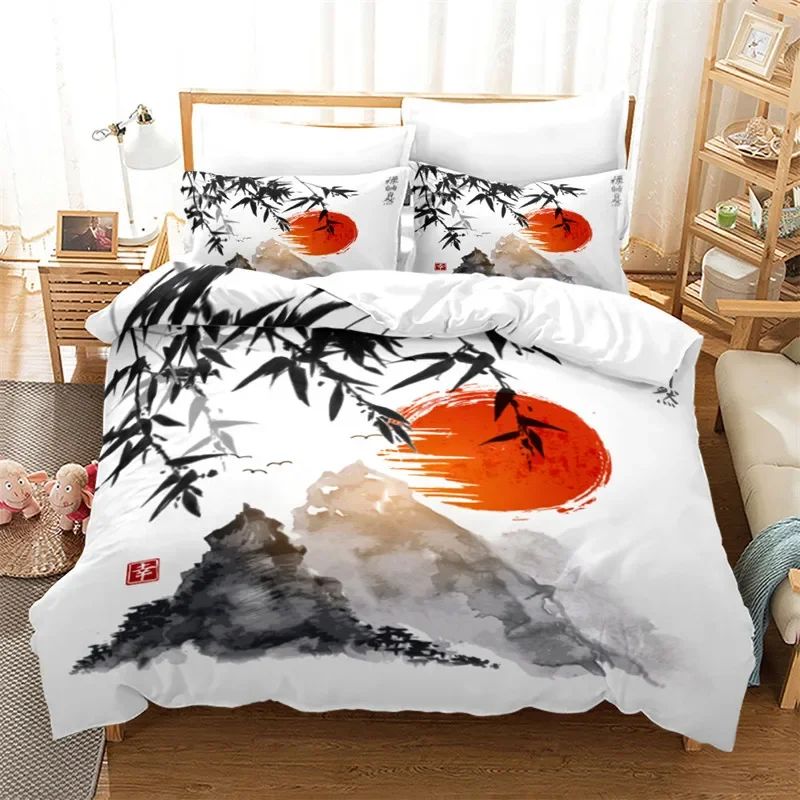 Ink Painting Duvet Cover Japanese Style Mount Fuji Comforter Cover Red Cherry Blossoms Print Bedding Set For Adults Teens Girls