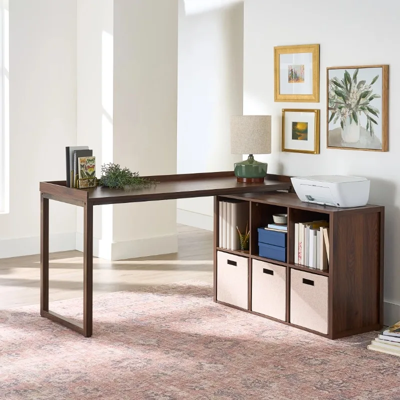 L Desk with 6-Cube Storage,Walnut Finish,djustable Positioning, Multifunction, Reversible, Space-Saving, Storage