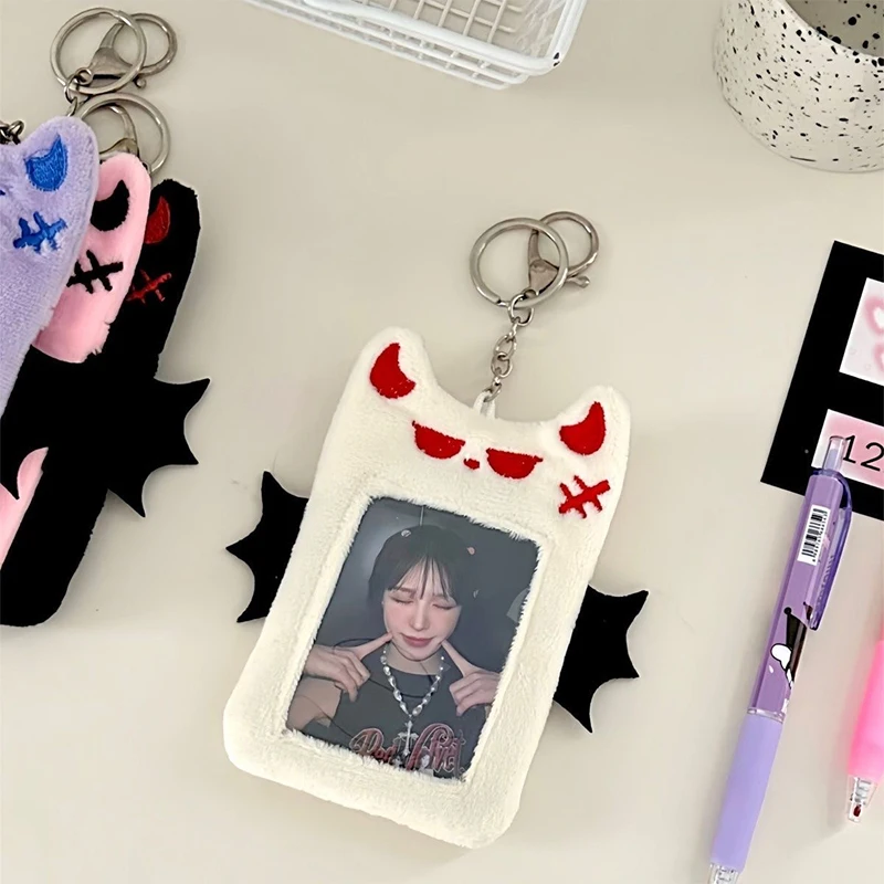 Plush Little Devil Photocard Holder Keychain Kpop Meal Card Bus Card Sleeves Photo Protective Cover Pendant Key Ring