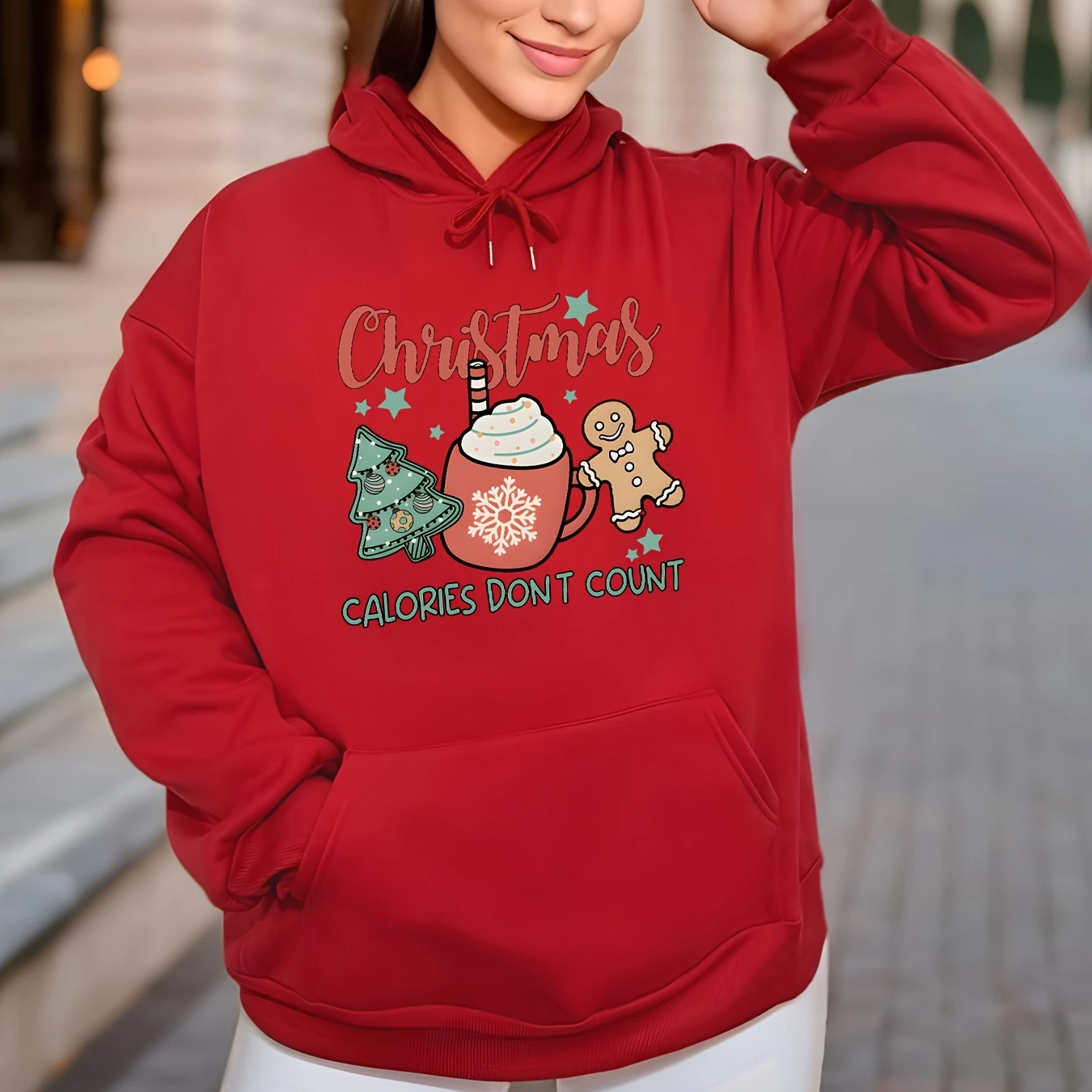 Christmas Tree Print Fleece Lined Casual Drawstring Hoodie Long Sleeve Sports Kangaroo Pocket Hooded Sweatshirt Women\'s Clothing