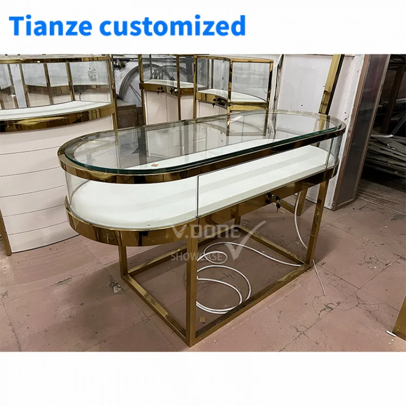 

[Customized] luxury jewellery showroom counter stainless steel floor standing jewelry shop cabinet display showcase store fu