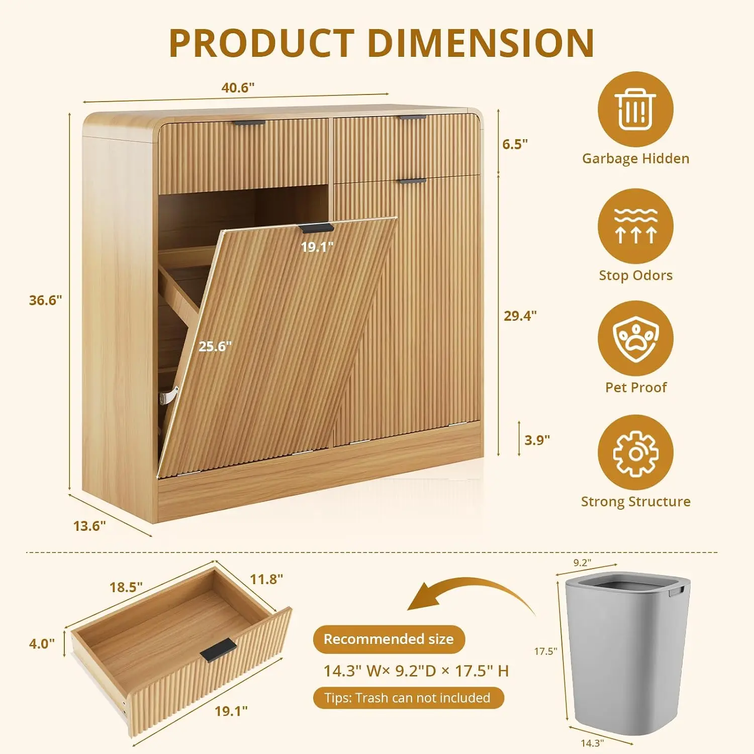 Tilt-Out Trash Cabinet With Drawers, Fluted Laundry Hamper, Pet Proof Hidden Garbage Bin For Kitchen & Living, Customized