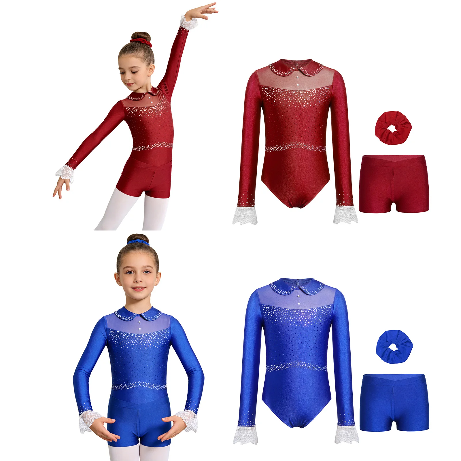 Kids Girls Shiny Rhinestone Figure Skating Leotard Long Sleeve Mesh Lace Cuffs Gymnastics Ballet Acrobatics Dance Class Bodysuit