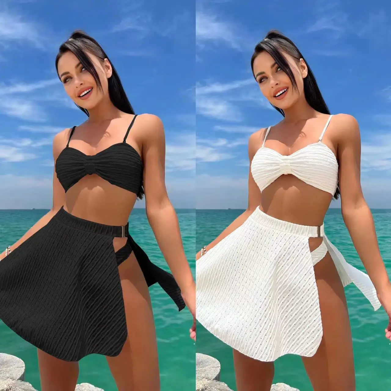 

2025 new European and American eye-leaking cloth sexy side-leaking mesh skirt three-piece swimsuit swimsuit bikini bikini