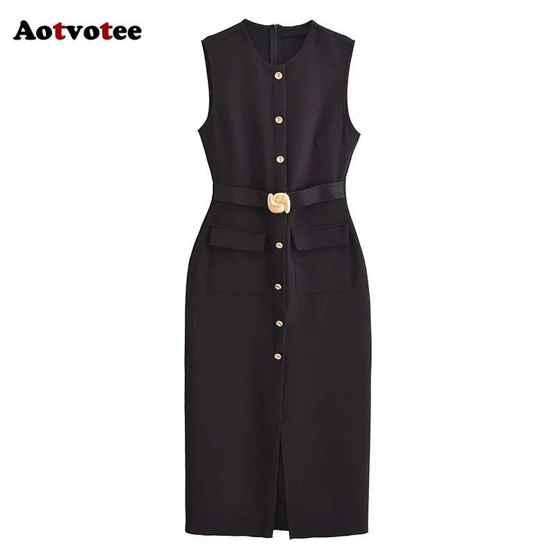 فستان Aotvotee للنساء برقبة دائرية مع حزام فساتين غير رسمية لربيع وصيف 2025 فستان نسائي جديد بصدر واحد عالي الخصر