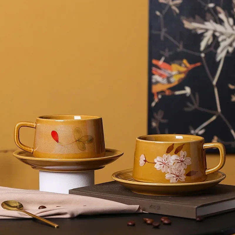 Hand-painted Matte Flower Ceramic Coffee Cup Plate Set Nordic Style Vintage Underglaze Gift Box Set Mugs Gift Photography Props