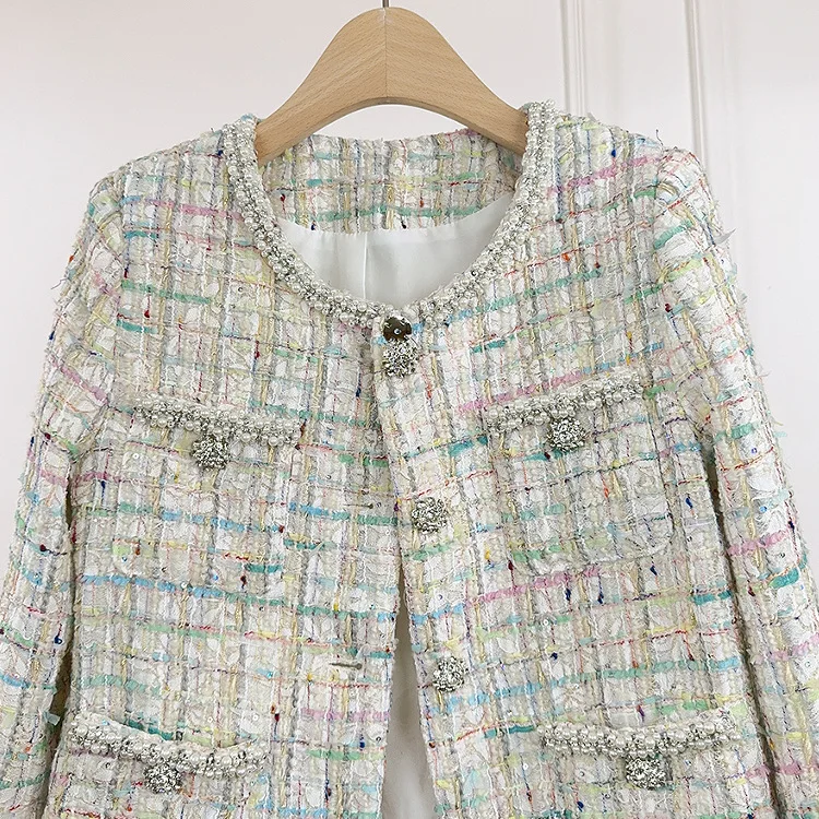 Colorful plaid coarse woolen coat 2026 new spring and autumn style small fragrance temperament pearl collar top