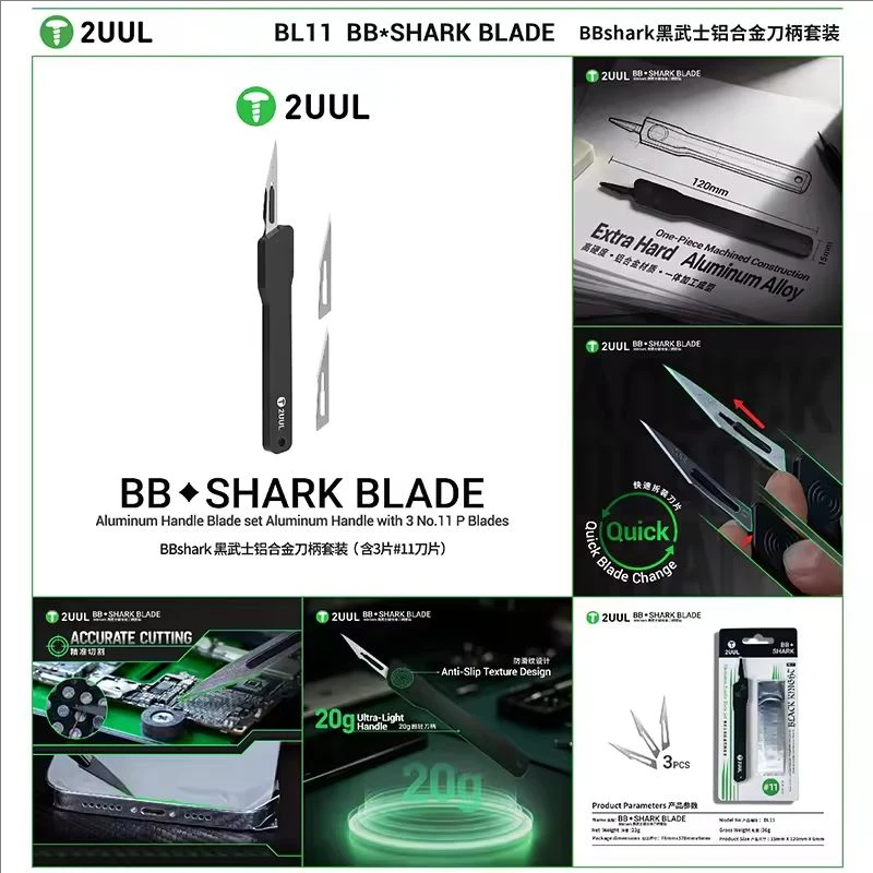 2UUL 3PCS #11 Blades BL11 BBshark Black Samurai Aluminum Handle Blade Set for Phone Screen Opening Repair Tool