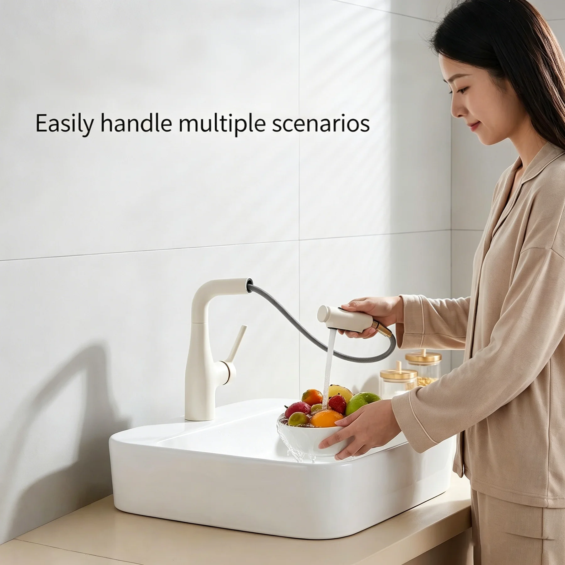 Modern Adjustable Height Pull‑Out Bathroom Vanity Faucet, 360° Rotating Spout Splash Proof Hot Cold Water Sink Tap