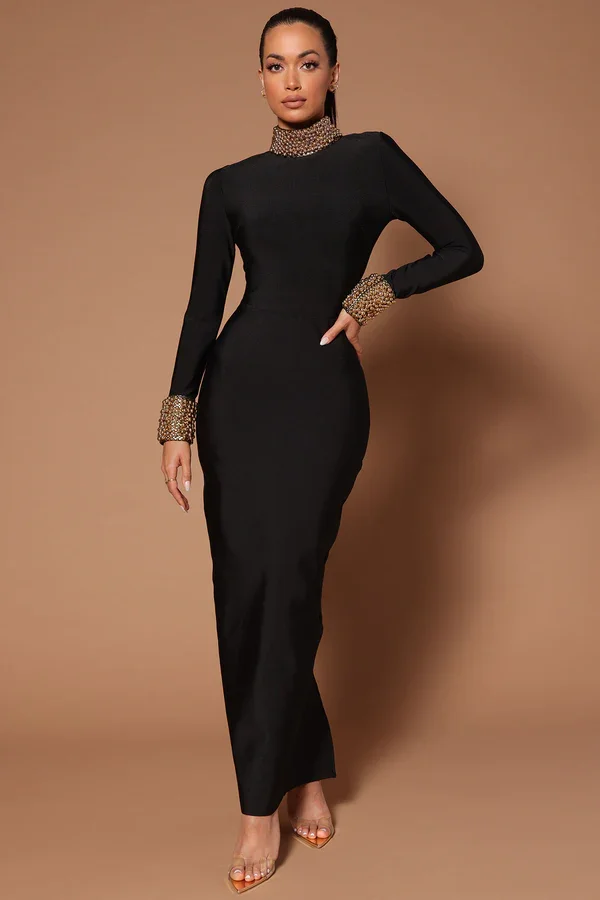 KLEEZY Winter Fashion Elegant Long Sleeve Bandage Dinner Dresses For Women Beaded Backless Luxurious Maxi Evening Dresses 2024