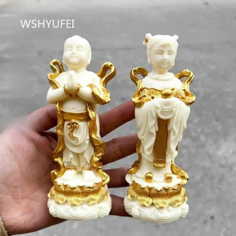 Ornement en forme de fruit d'ivoire, garçon doré et fille en jade, artisanat de sculpture de caractères chinois, statue de Guanyin pour la salle de Bouddha, décoration intérieure