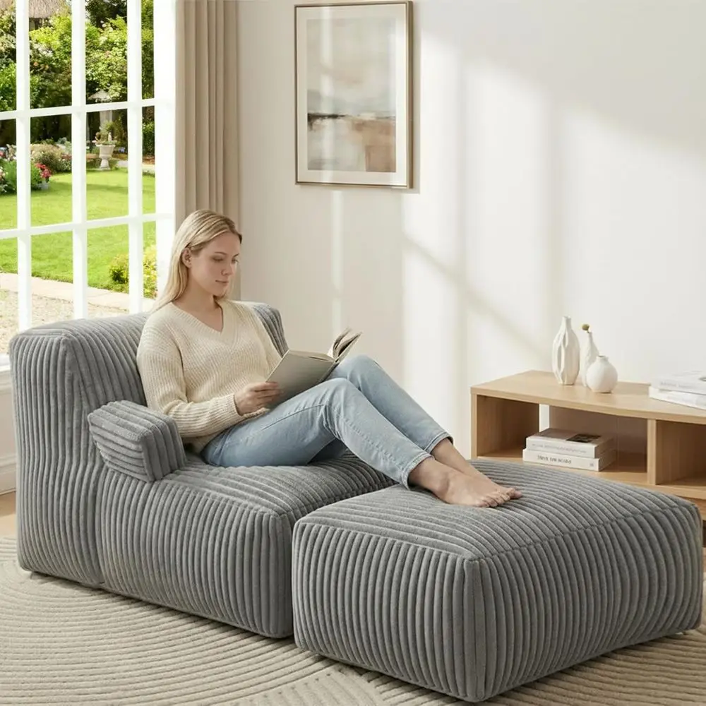 Large Comfortable Bean Bag Chair with Memory Foam and Armrests for Living Spaces, Bedrooms, Dorms, and Balconies - Striped Gray