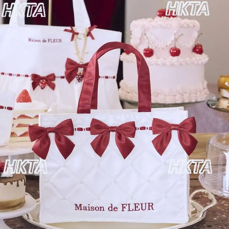 Japanese Pearl Lace Rhombus Letter Embroidered Bow Portable Cosmetic Bag Female Autumn Sweet Lolita Handheld Shoulder Bag Women