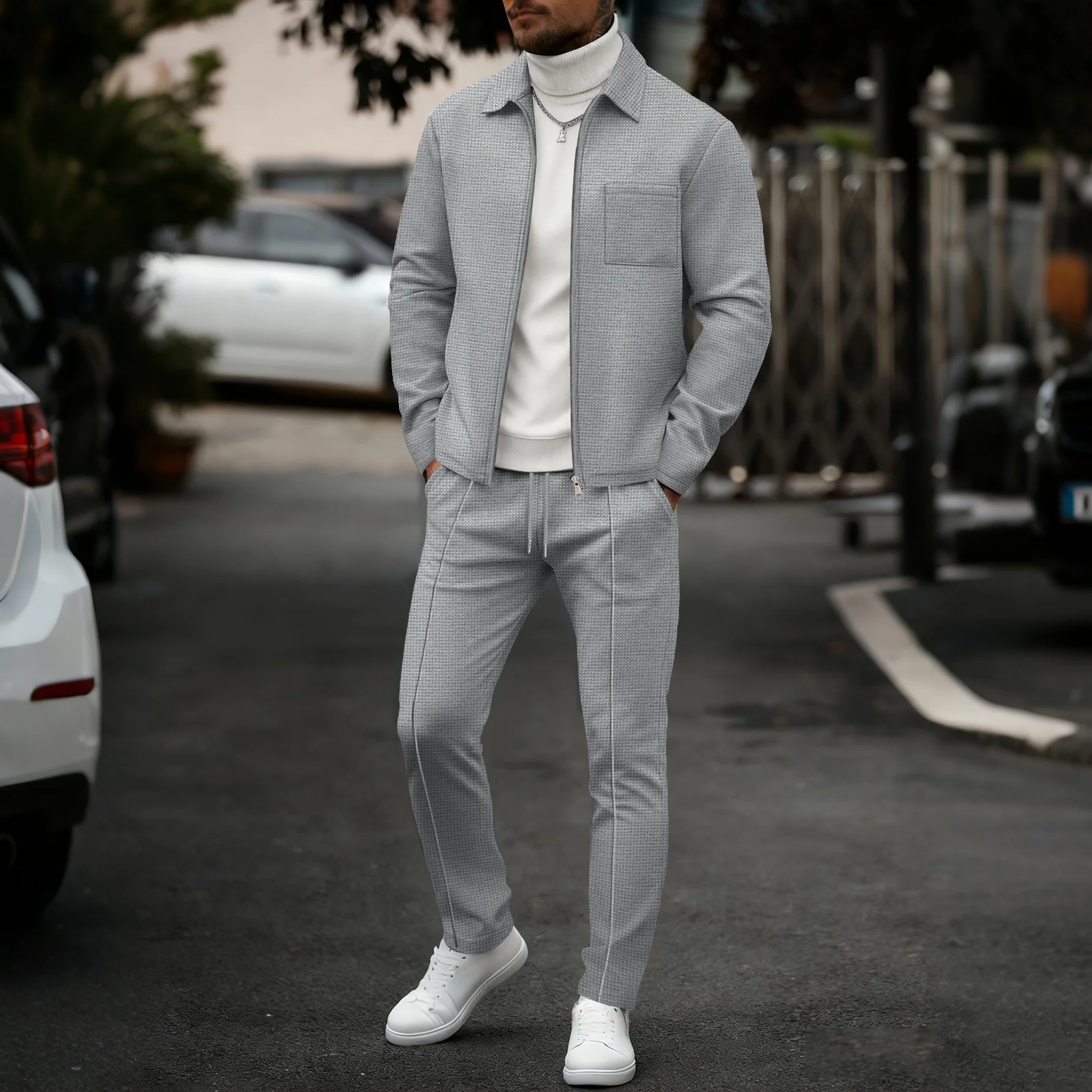2026 Herren Frühling/Herbst Waffel-Einfarbiger Blazer mit Reißverschlusskragen und Taschen, Lässiges Multifunktionales Jacken-Hosen-Set