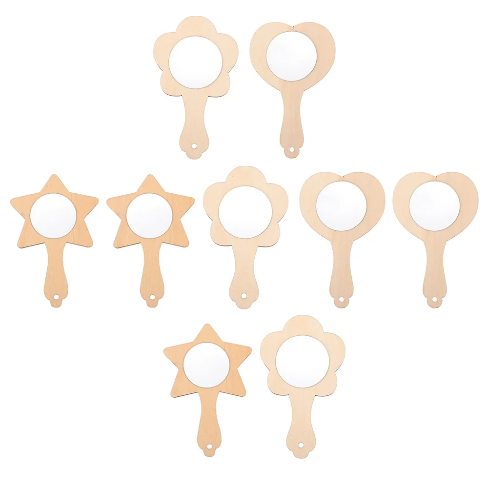 9개 DIY 나무 거울 어린이 페인팅 공예 미완성 휴대용 거울 메이크업 교육용 장난감 빈 DIY 나무 몰드