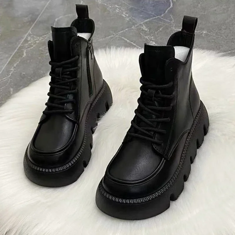 Krótkie Buty Dla Kobiet Ze Sznurowadłami Obuwie Punk Style Booties Black Combat Lace-up Female Ankle Boots Pu Hot Korean Style Offer