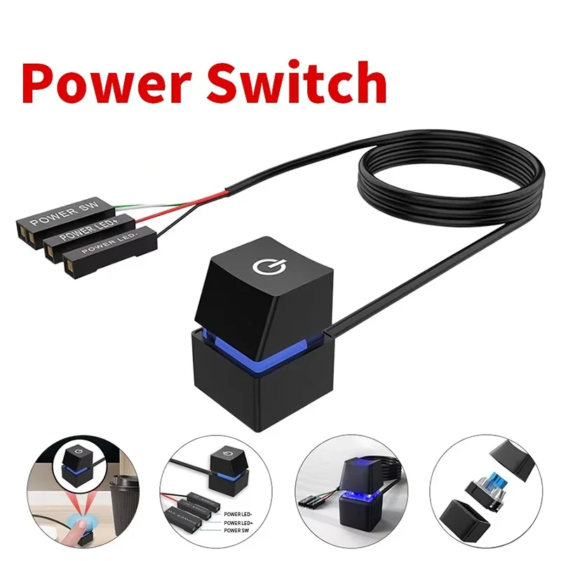 Computer Desktop Switch Blue LED Lights PC Motherboard External Start Power On/Off Button Extension Cable For Laptop Computer PC