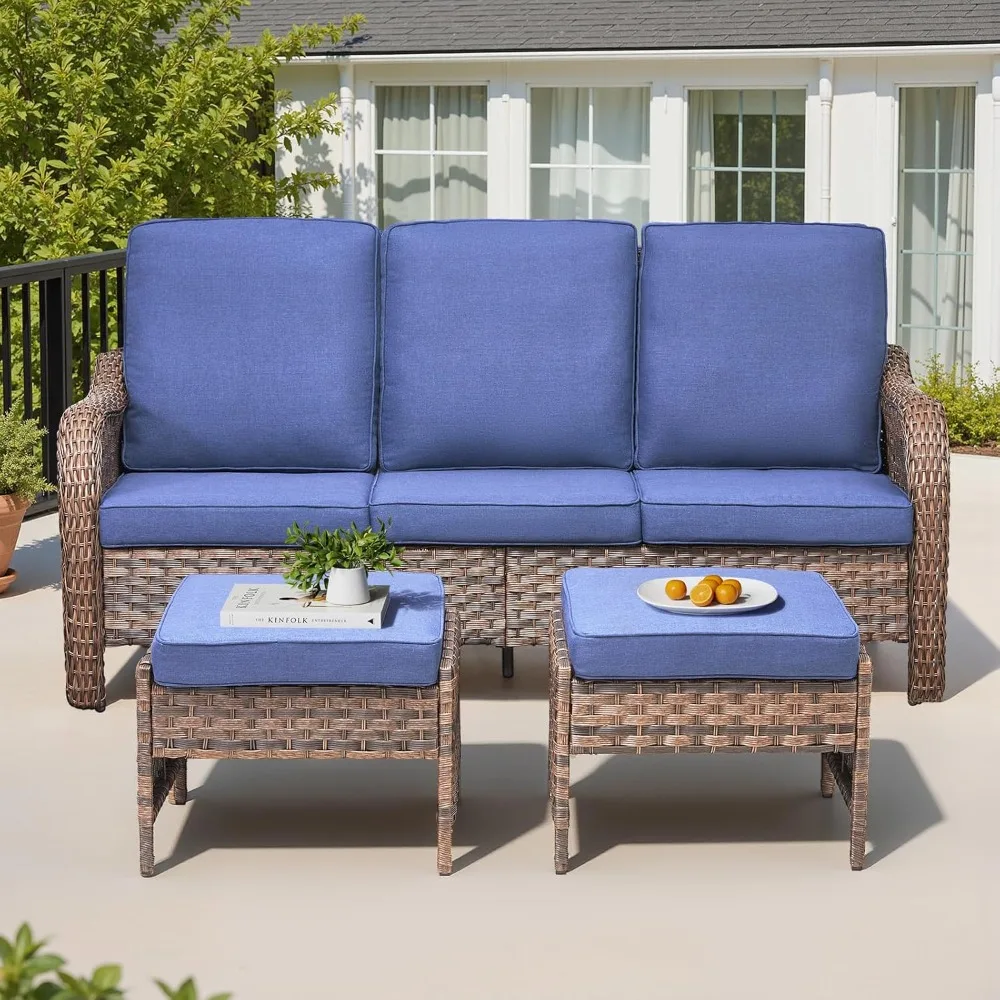 

Outdoor Patio Couch Wicker Sofa with Ottomans, All Weather Rattan 3 Seater Sofa High Back Couch with Removable Cushion