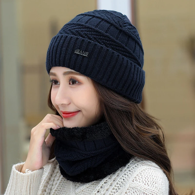 2 قطعة الشتاء الدافئة الحياكة طقم قبعات قبعة الشتاء في الهواء الطلق الدافئة سماكة المخملية فضفاضة يندبروف الباردة عادية موضة قبعة تدفئة وشاح #5